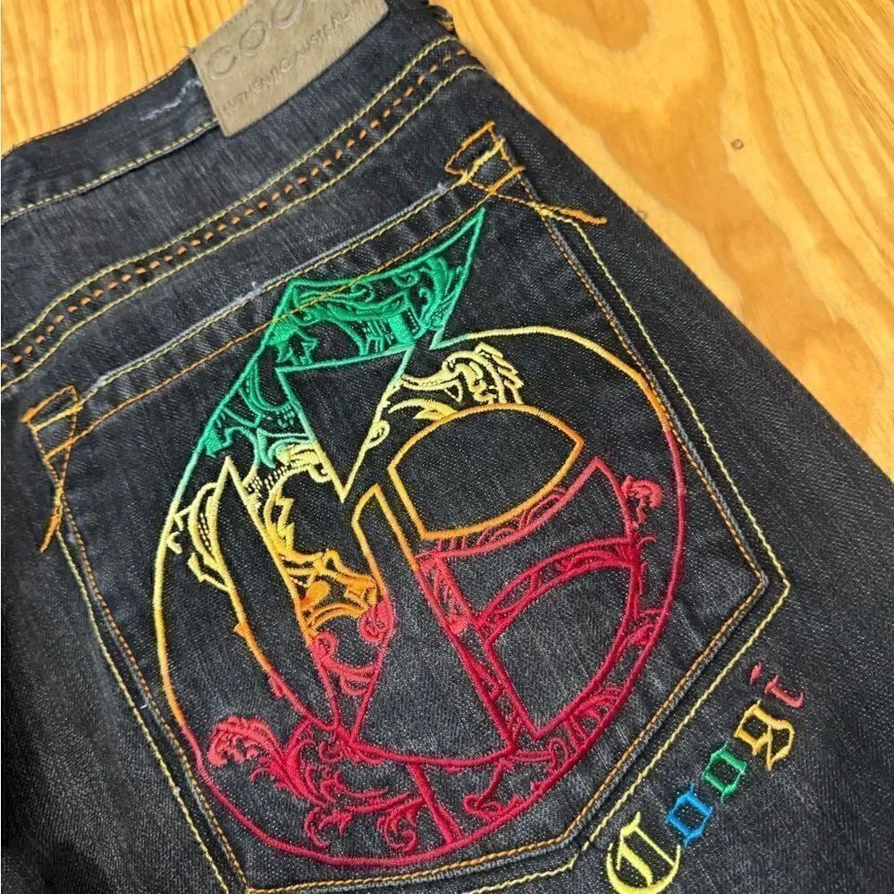 Vintage COOGI Australia Blue Denim Baggy Jeans Rainbow Logo 90s Hip Hop SZ 38X34